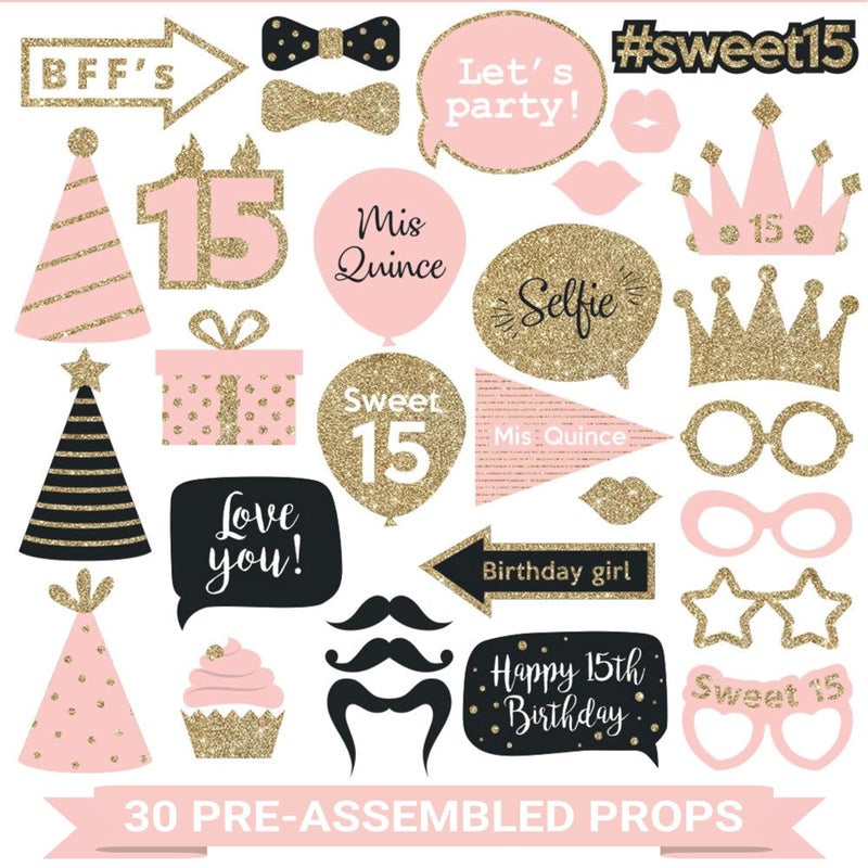 Perfect Occasion Fully Assembled 15 Birthday Quinceanera Photo Booth Props - Set of 30 - Pink & Gold Quince Selfie Signs - Cute 15th Party Supplies & Decorations with Real Glitter - Did We Mention No DIY - Image 1
